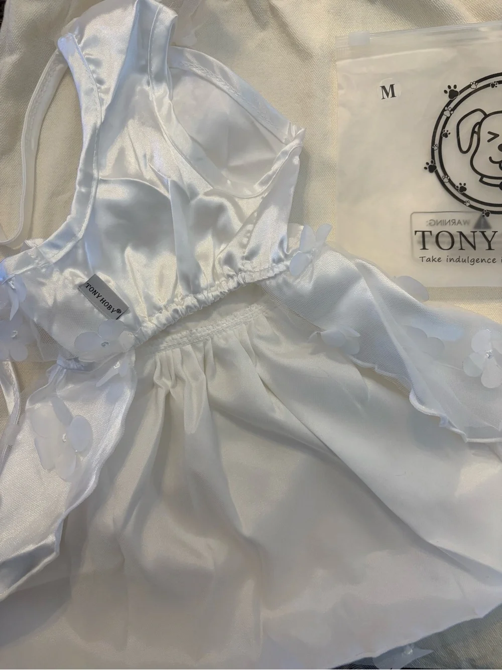White Floral Appliqué Satin Dress